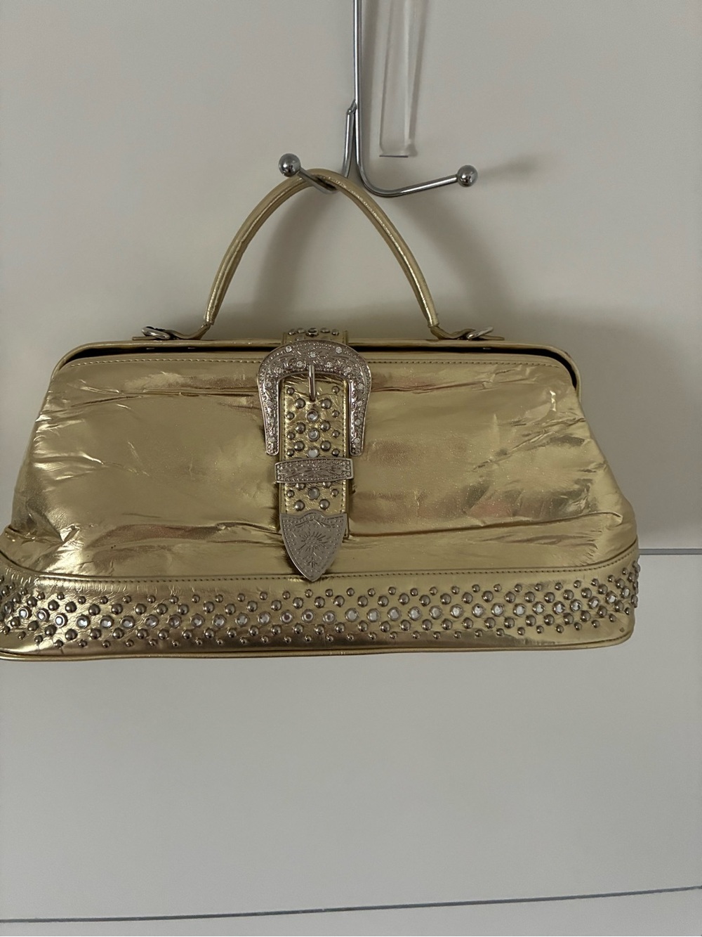 Gold Studded Top-Handle Satchel with Decorative Buckle